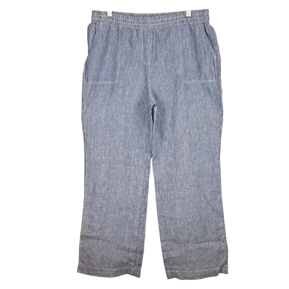 Chico's Women's Blue White‎ Striped Linen Pants Straight Leg Size 10 Coastal